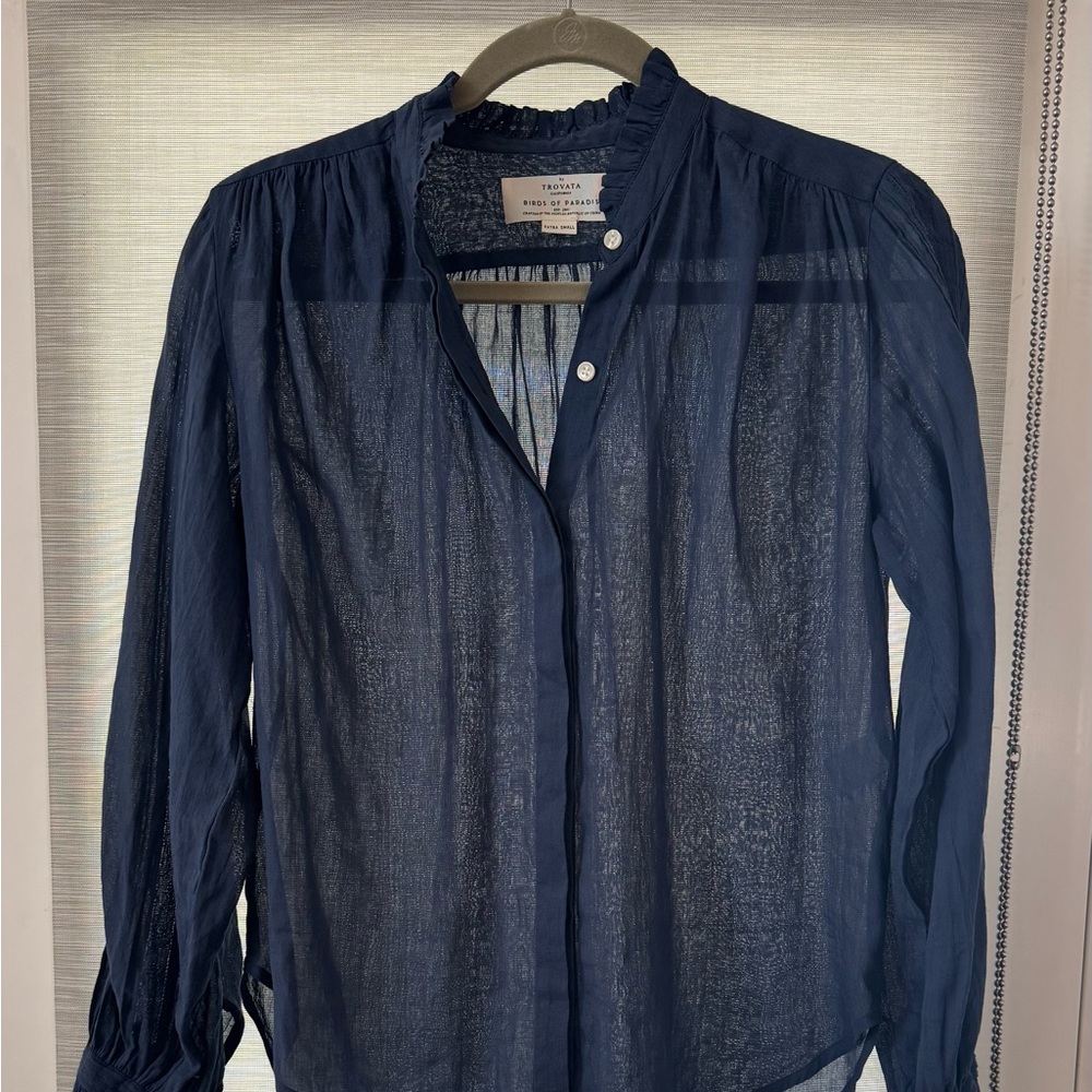 Trovata Sheer Birds of Parsdis Navy Blouse